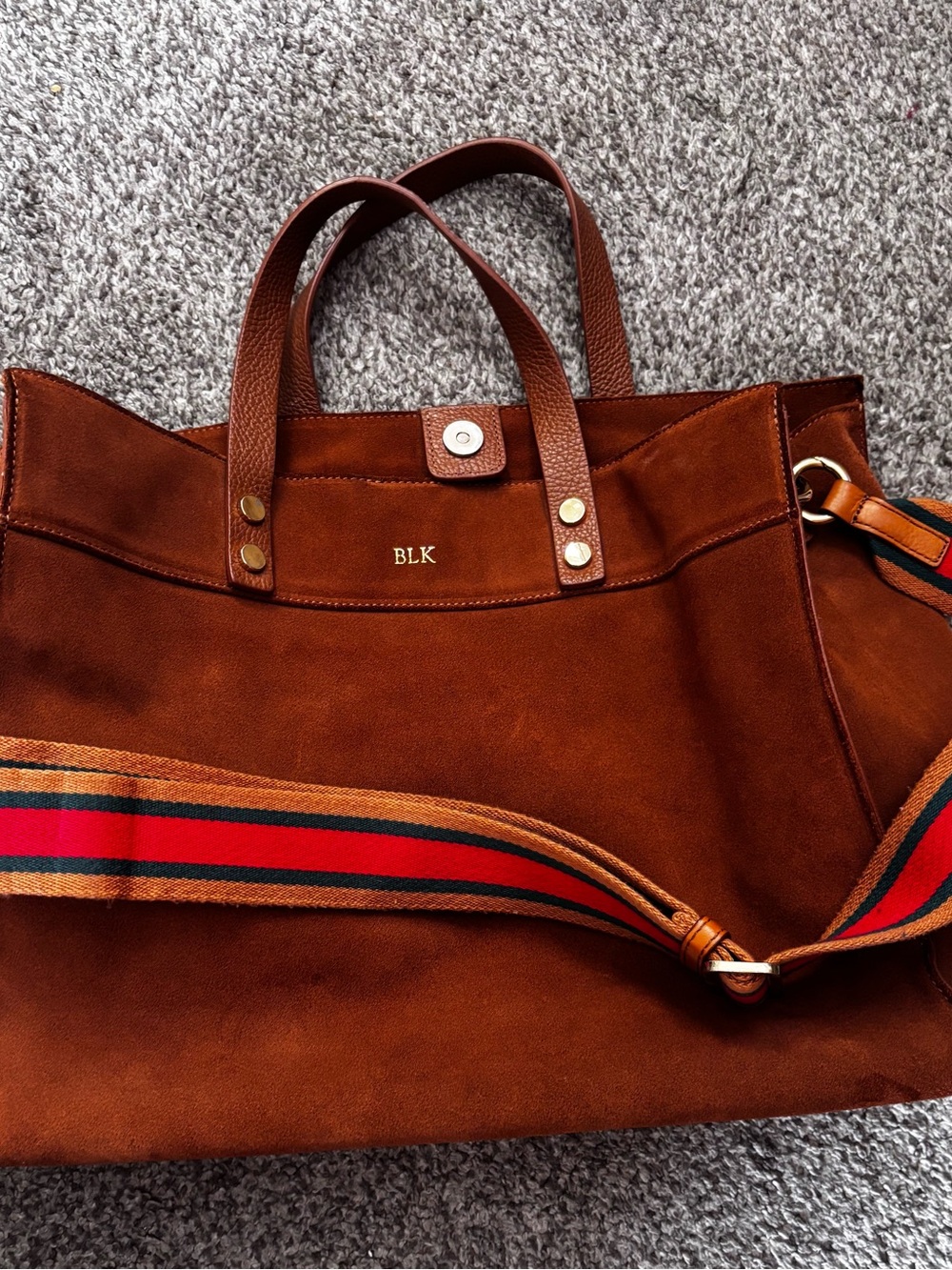 Mark & Graham Chestnut Suede Tote with Striped Webbing Strap